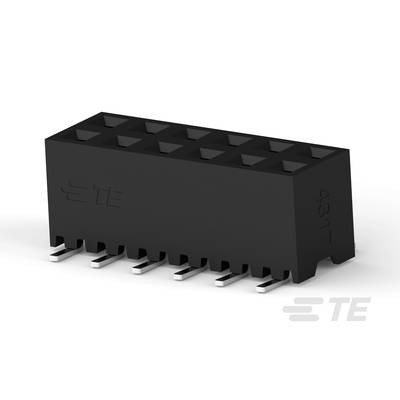 Czarny elektryczny złącze z wieloma metalowymi stykami od spodu, odpowiedni do użycia w elektronicznych płytkach drukowanych.