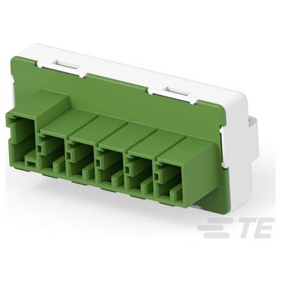 Zielony prostokątny łącznik elektryczny z wieloma portami, przymocowany do białej podstawy. Logo w prawym dolnym rogu.
