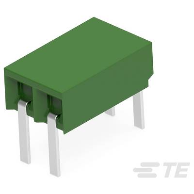 Zielony komponent elektroniczny z czterema metalowymi szpilkami, pokazany w perspektywie; logo TE Connectivity widoczne w dolnym prawym rogu.