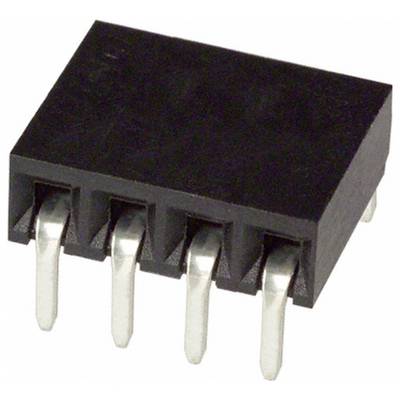 Czterokońcówkowy czarny plastikowy złącznik z metalowymi pinami wyłaniającymi się z jednej strony, używany do połączeń elektronicznych obwodów.
