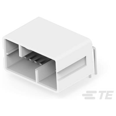 Biały złącze elektryczne z wieloma szczelinami i metalowymi kontaktami, ze znakiem TE w prawym dolnym rogu.
