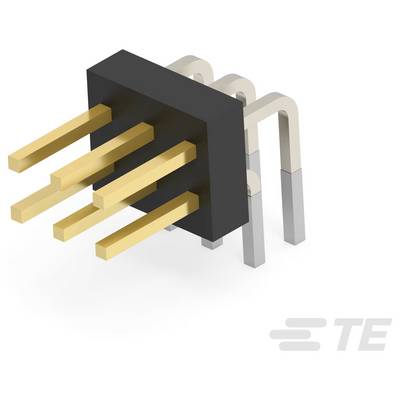 Złącze elektryczne 6-stykowe ze złoconymi pinami i czarną obudową, zaprojektowane do zastosowań na płytach obwodowych, z logo na boku.