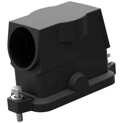 Czarna plastikowa część, prostokątna, z okrągłym otworem na górnej powierzchni, zamocowana śrubą, prawdopodobnie element mechaniczny.