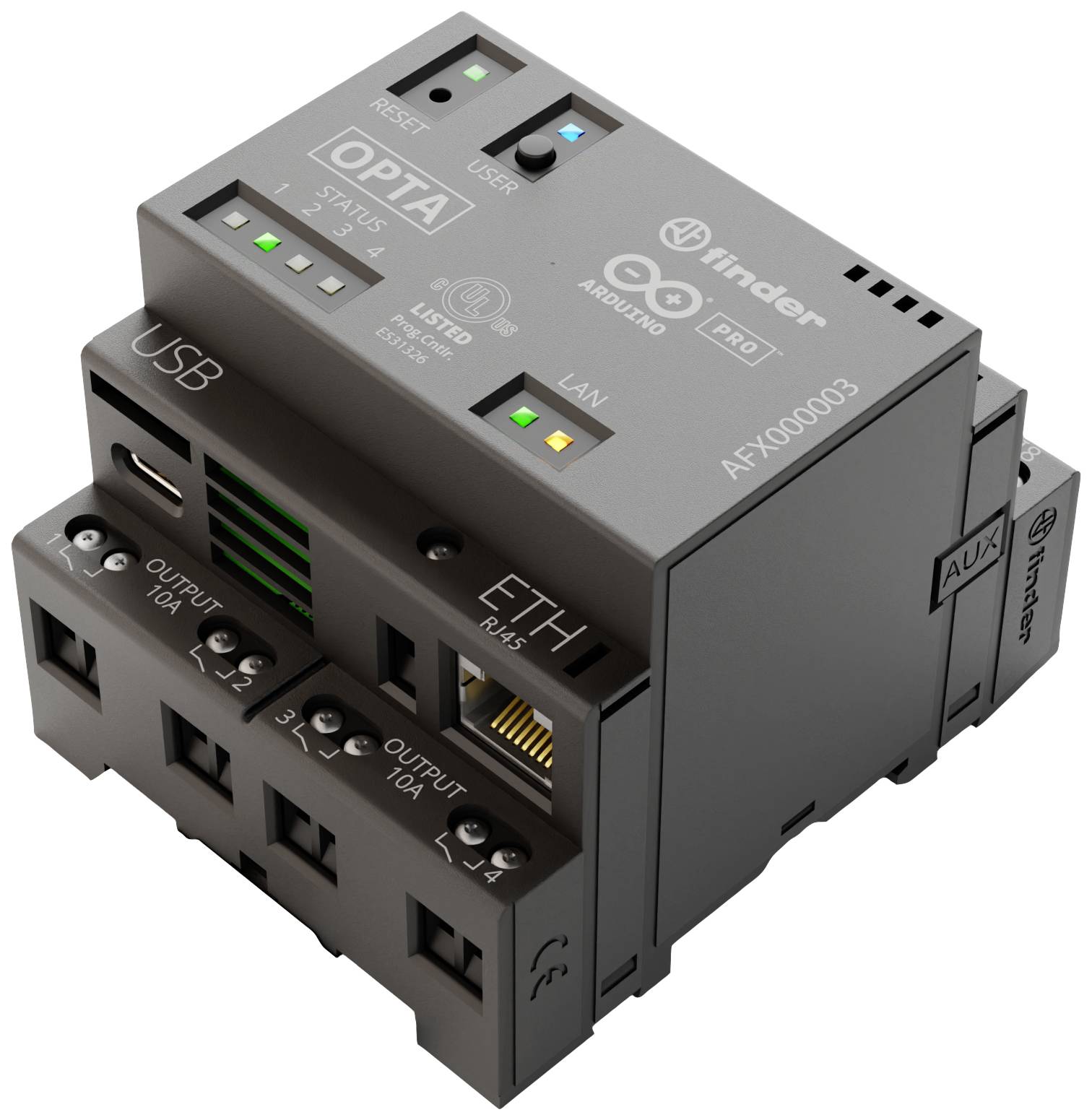 Szaro-czarne urządzenie elektroniczne z przyłączami i oznaczeniami takimi jak 'RESET', 'LAN', 'USB'. Widoczne logo marki.