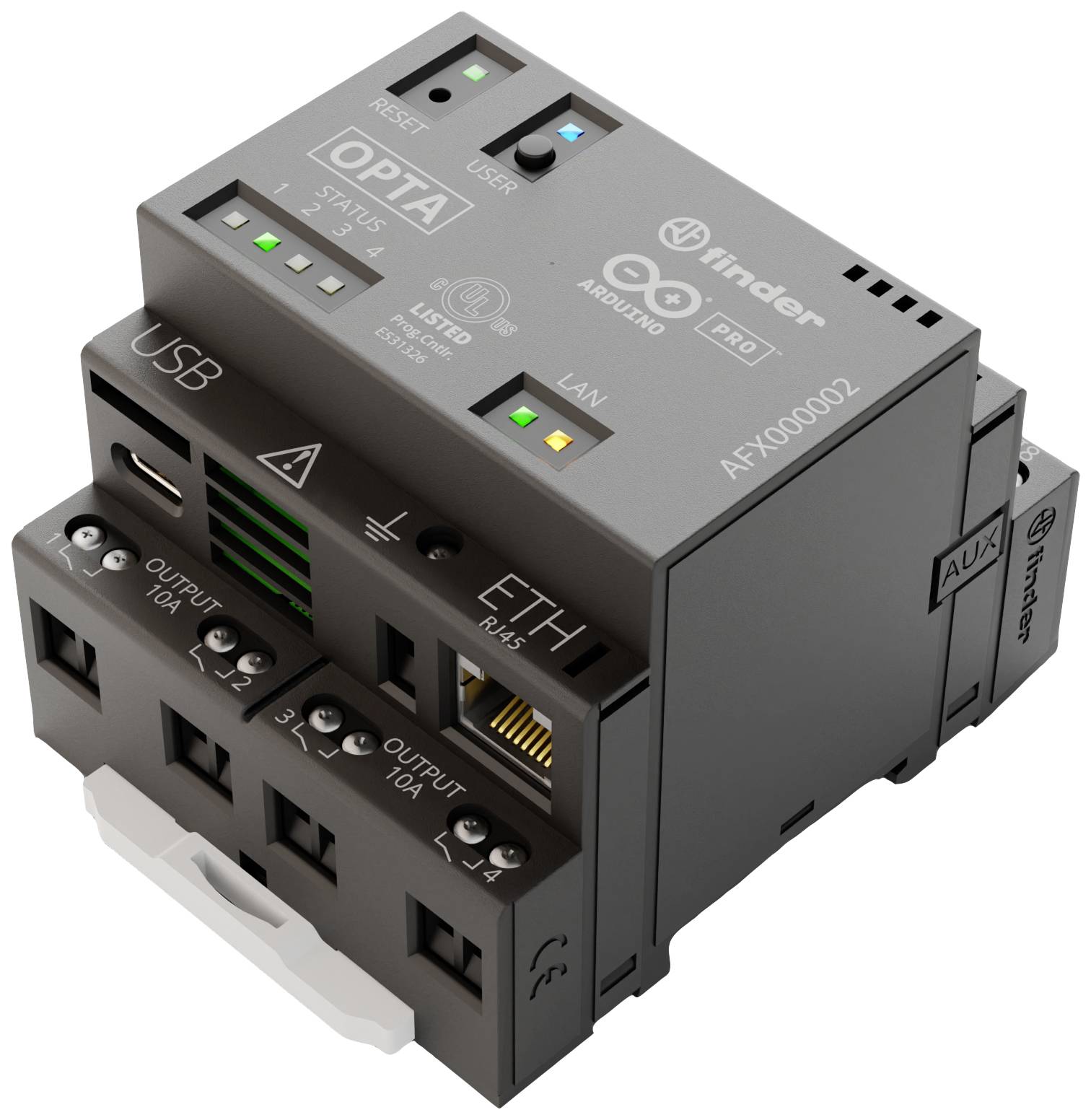 Szare urządzenie elektroniczne sterujące z wieloma złączami i diodami LED. Opisy wskazują na porty USB i ETH RJ-45.