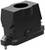 Czarny blok zaciskowy z tworzywa sztucznego z metalowymi śrubami mocującymi po bokach. Odpowiedni do mocowania w zastosowaniach przemysłowych.