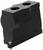 Czarna, prostokątna obudowa elektryczna z dwoma otworami górnymi i małym złączem dolnym, stosowana do prowadzenia przewodów.