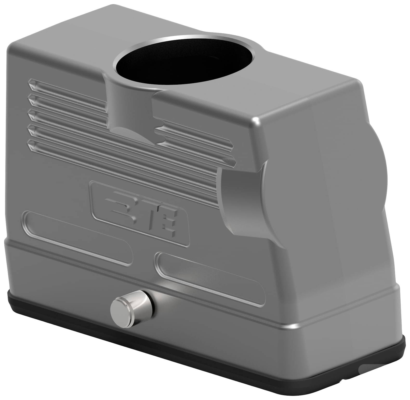 Szary metalowy adapter o prążkowanym wzorze. Górą okrągłe wejście, dołem mały metalowy guzik. Przeznaczenie niejasne, urządzenie techniczne.