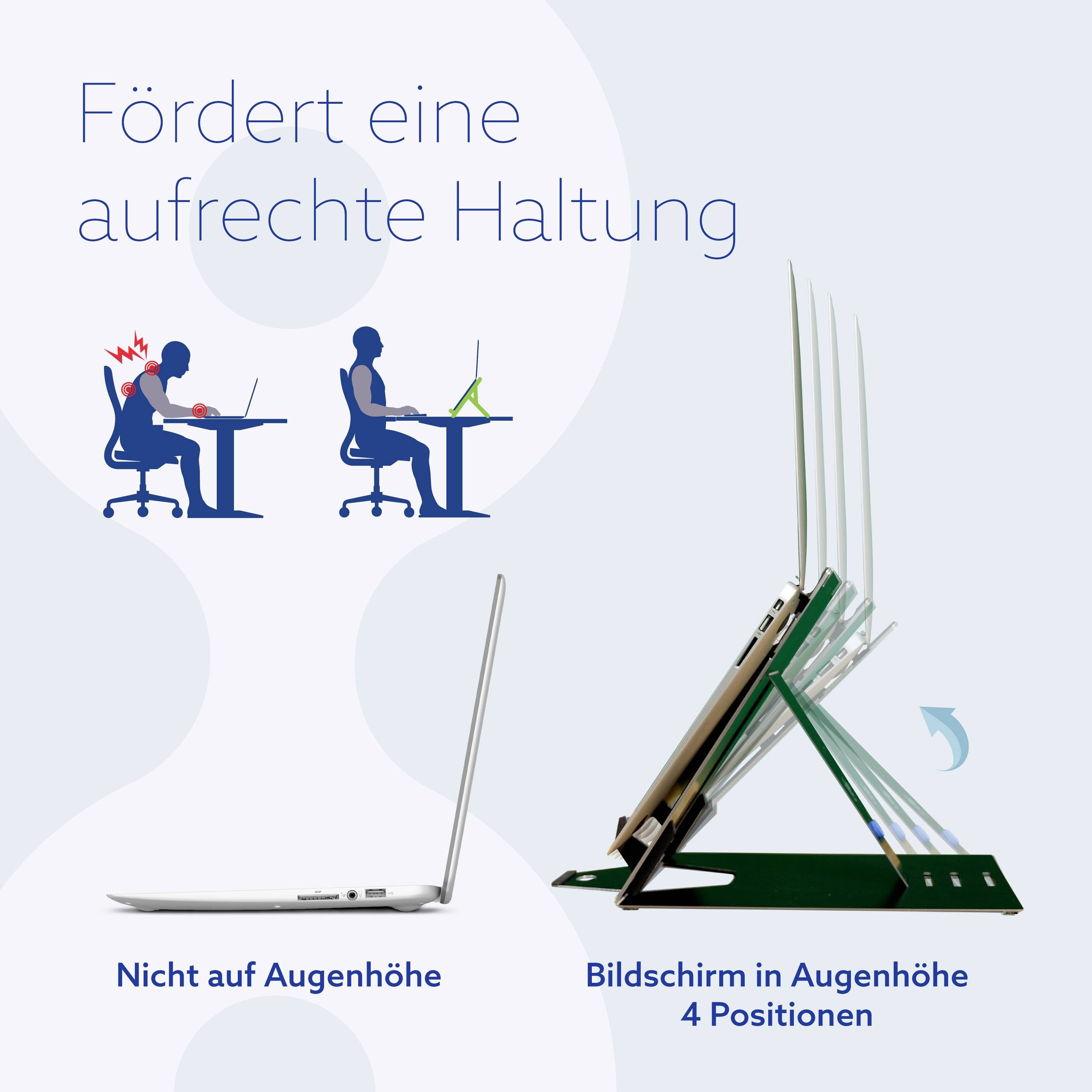 „Wspiera prostą postawę": Zdjęcie porównuje osobę z pochyloną sylwetką i osobę z wyprostowanymi plecami dzięki podstawce pod laptopa.