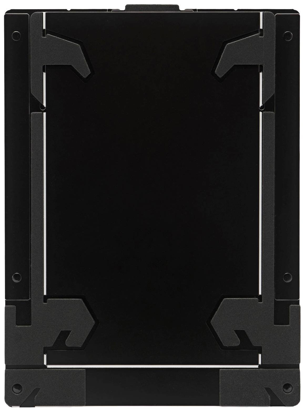 Czarny obiekt prostokątny o zaokrąglonych narożnikach i strukturyzowanej powierzchni, otoczony metalowymi zaciskami.