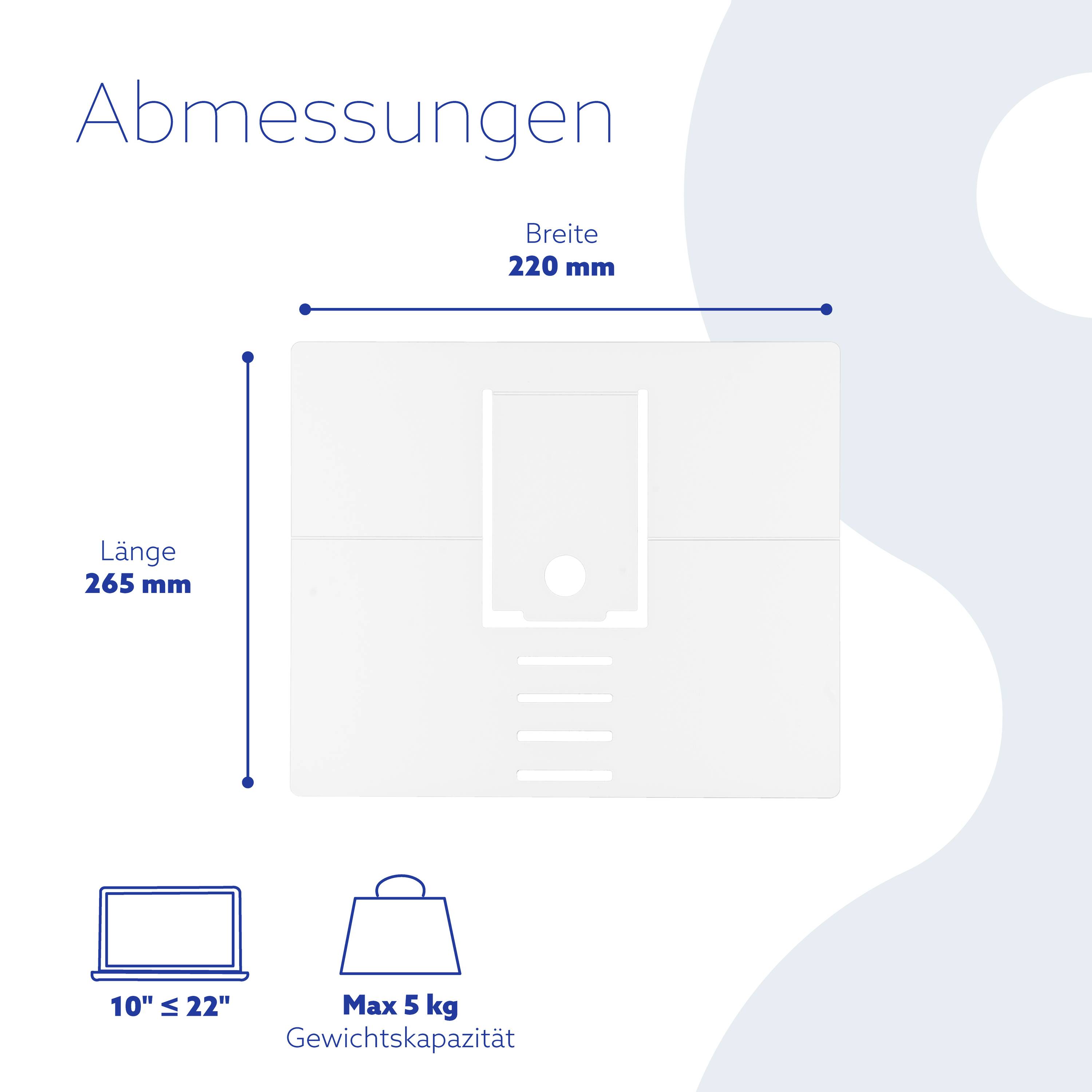 Wymiary prostokątnego obiektu: długość 265 mm, szerokość 220 mm. Symbole: laptop i torba o maksymalnej wadze 5 kg.