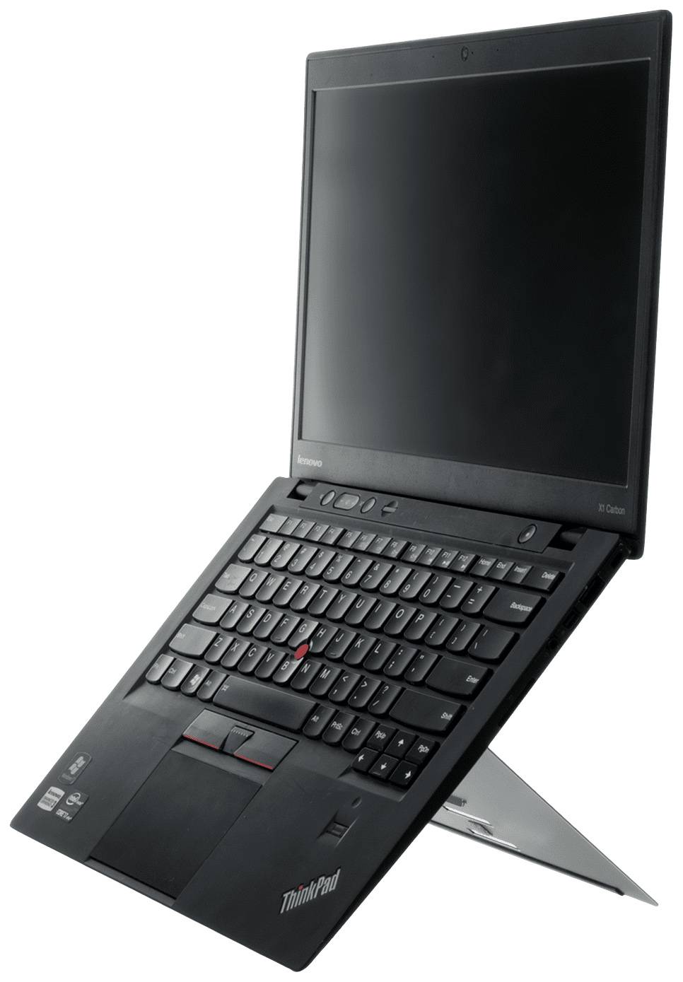 Laptop z czarną obudową jest otwarty, prezentując swój ekran i pełną klawiaturę.