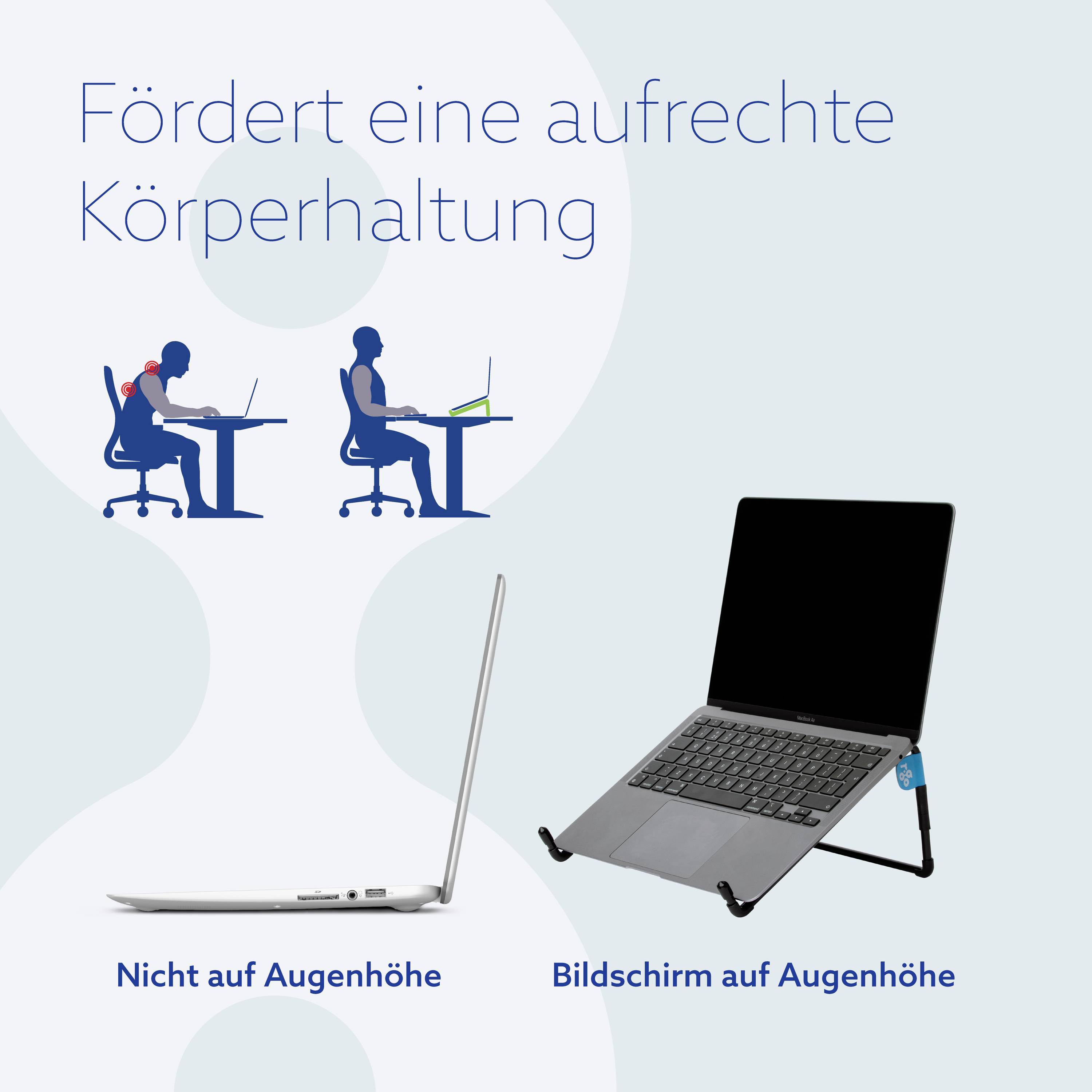 Grafika przedstawia osobę z nieprawidłową postawą siedzącą przed laptopem po lewej stronie. Po prawej stronie laptop jest podniesiony, prezentując lepszą postawę ciała. Tekst: 'Wspiera prawidłową postawę ciała'.