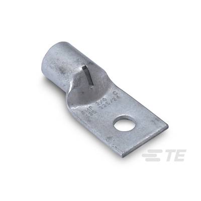 Cylindryczny kabel metalowy z prostokątną podstawą i otworem. Oznaczony logo 'TE' oraz numerem seryjnym. Stosowany do połączeń kablowych.