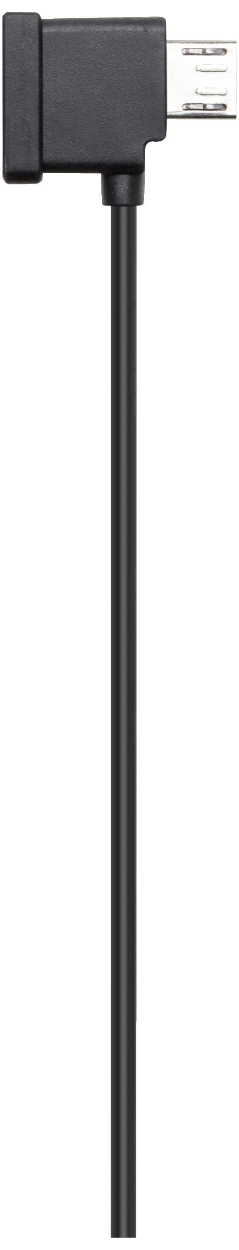 Czarny kabel Micro-USB z wtyczką kątową, używany do podłączania urządzeń elektronicznych.