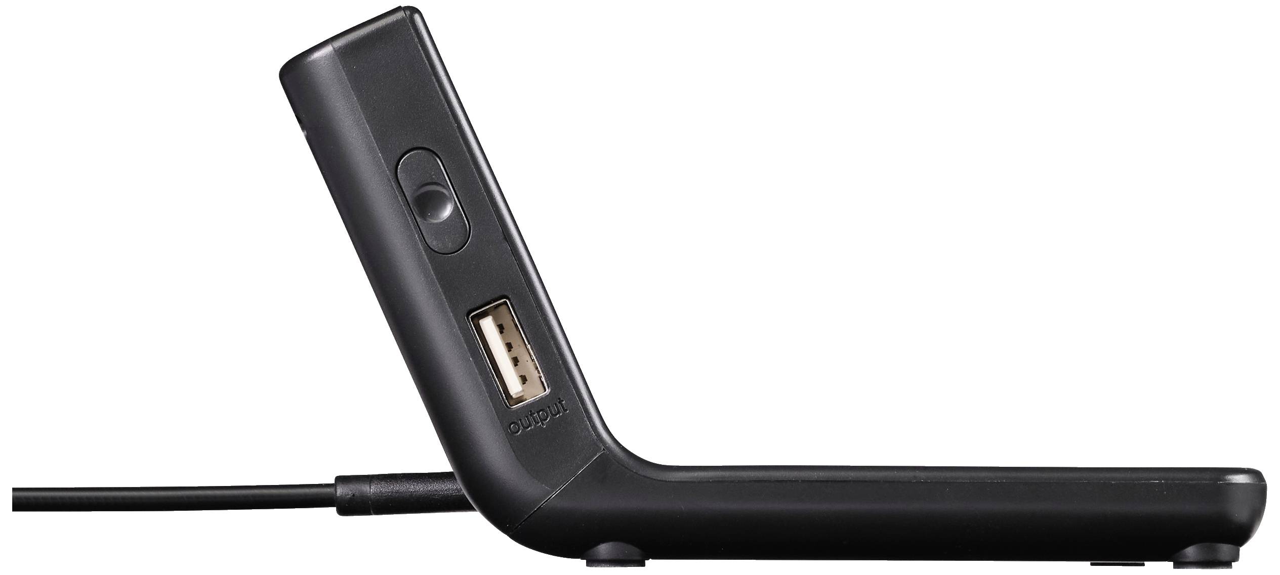 Czarne, mające kształt litery L urządzenie techniczne z gniazdem USB i przyciskiem.