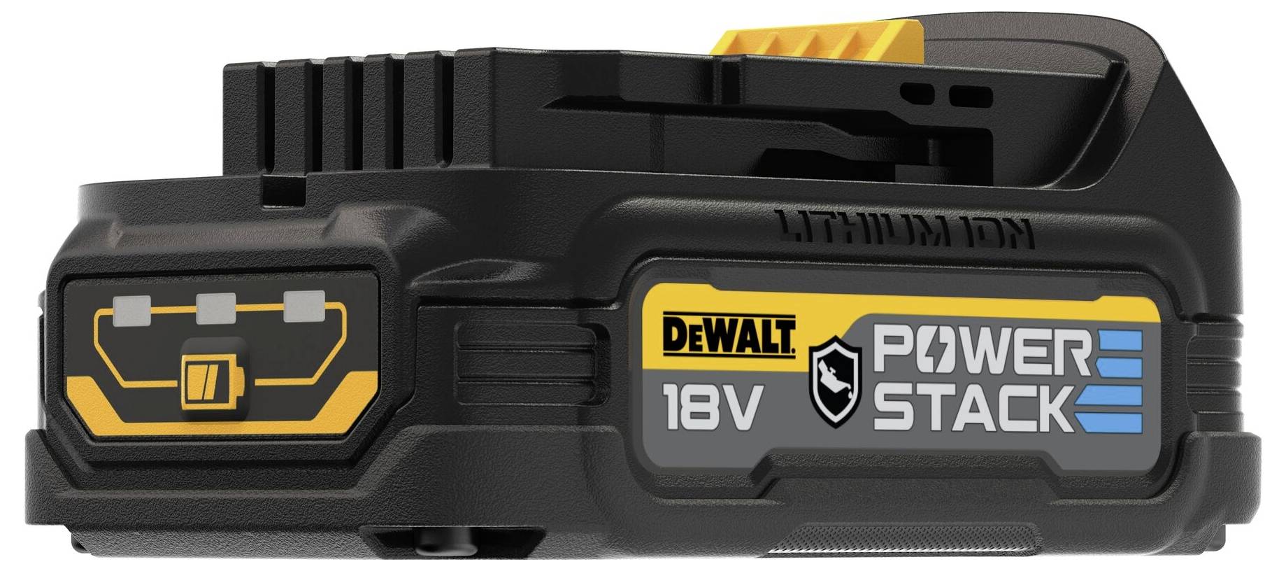 Czarny akumulator DeWalt 18V Lithium-Ion z żółtą rączką i logo Power Stack. Akumulator z pomarańczowymi i niebieskimi elementami.