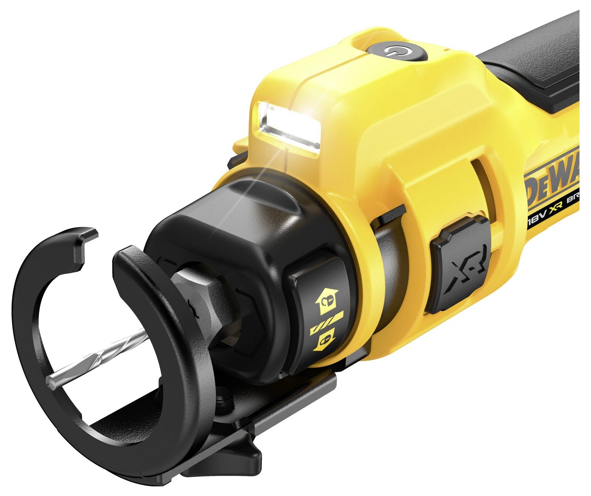 Żółty elektryczny wkrętak z końcówką wiertniczą, światłem LED i uchwytem dostosowanym do pracy oburącz. Częściowo widoczna nazwa marki.