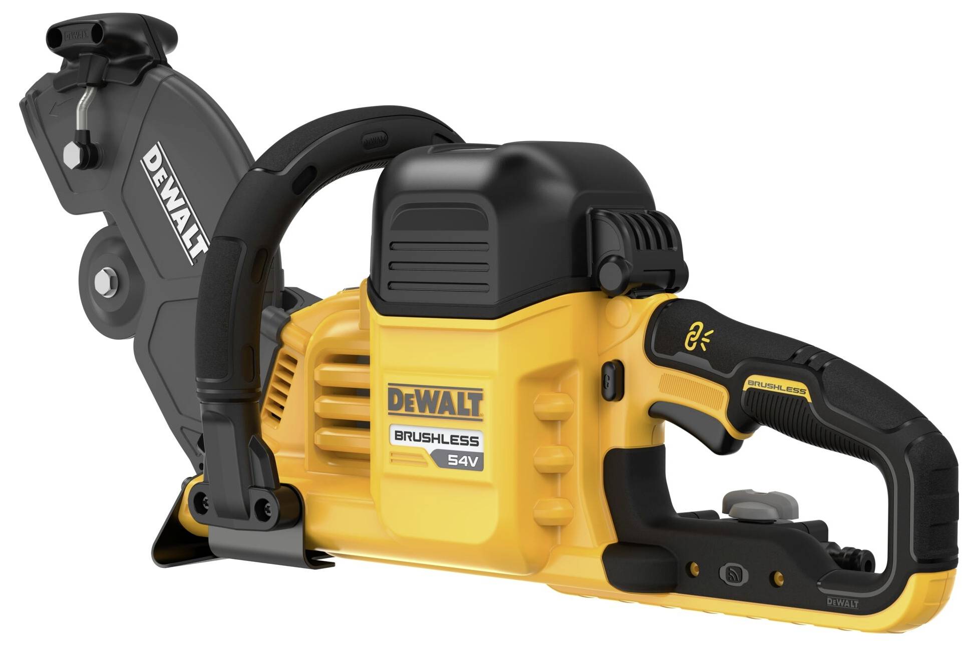 Ręczna pilarka tarczowa w kolorze żółto-czarnym firmy DeWalt, model 54V Brushless, przeznaczona do wymagających prac ciesielskich.