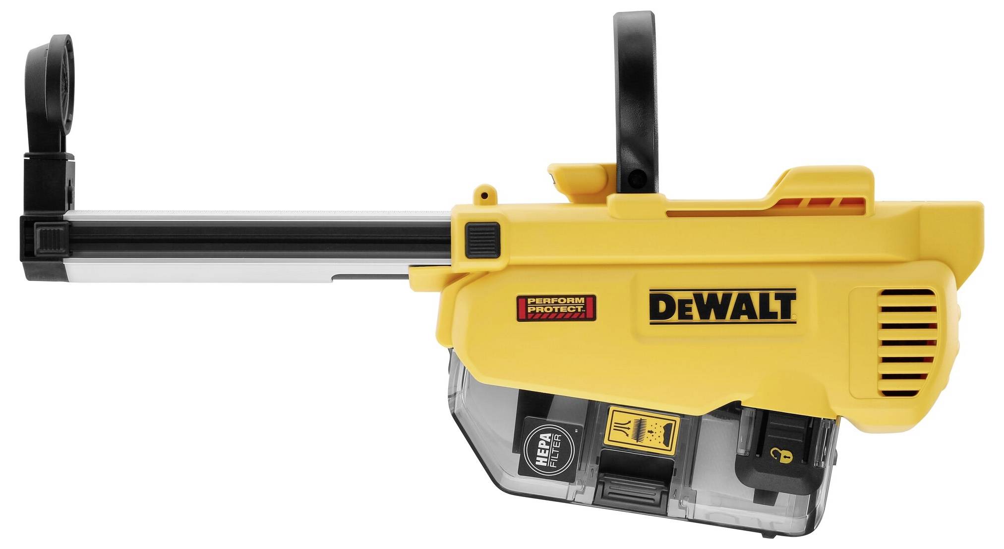 Żółty nakładka do odkurzacza firmy DeWalt z czarną i przezroczystą częścią z tworzywa sztucznego.