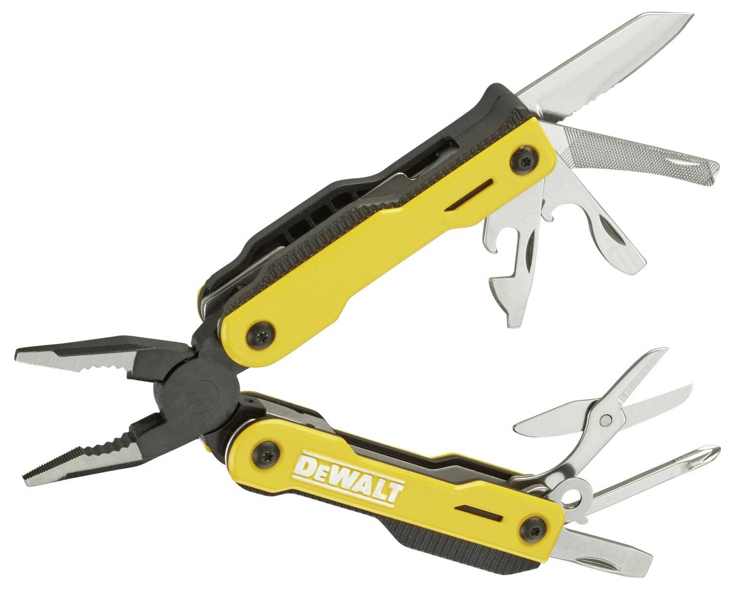 Multitool z żółtą rękojeścią, z wieloma rozłożonymi narzędziami takimi jak szczypce, nóż, pilnik i nożyce. Oznaczenie 'DEWALT'.