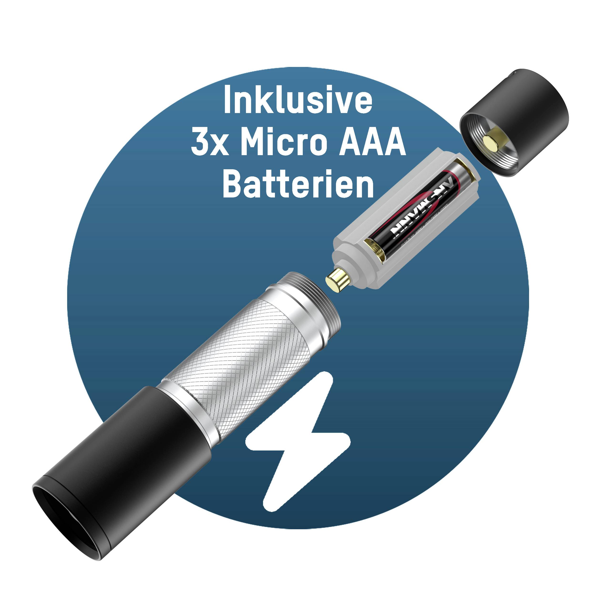 "Latarka zasilana bateriami" i "W zestawie 3x baterie Micro AAA" na niebieskim tle.