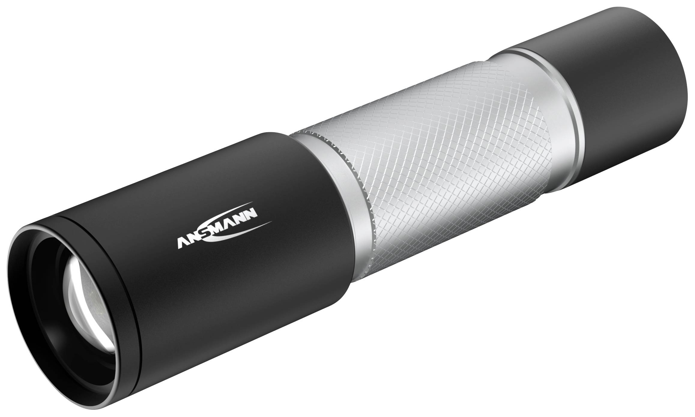 Czarna latarka z srebrną rączką i logo Ansmann. Wygląda na wytrzymałą i kompaktową, idealną do codziennego użytku.