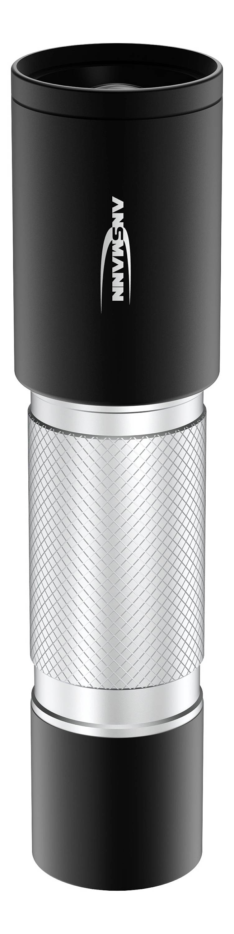 Czarna, srebrna latarka z teksturowanym uchwytem, ustawiona pionowo. Na górze widoczne jest logo.