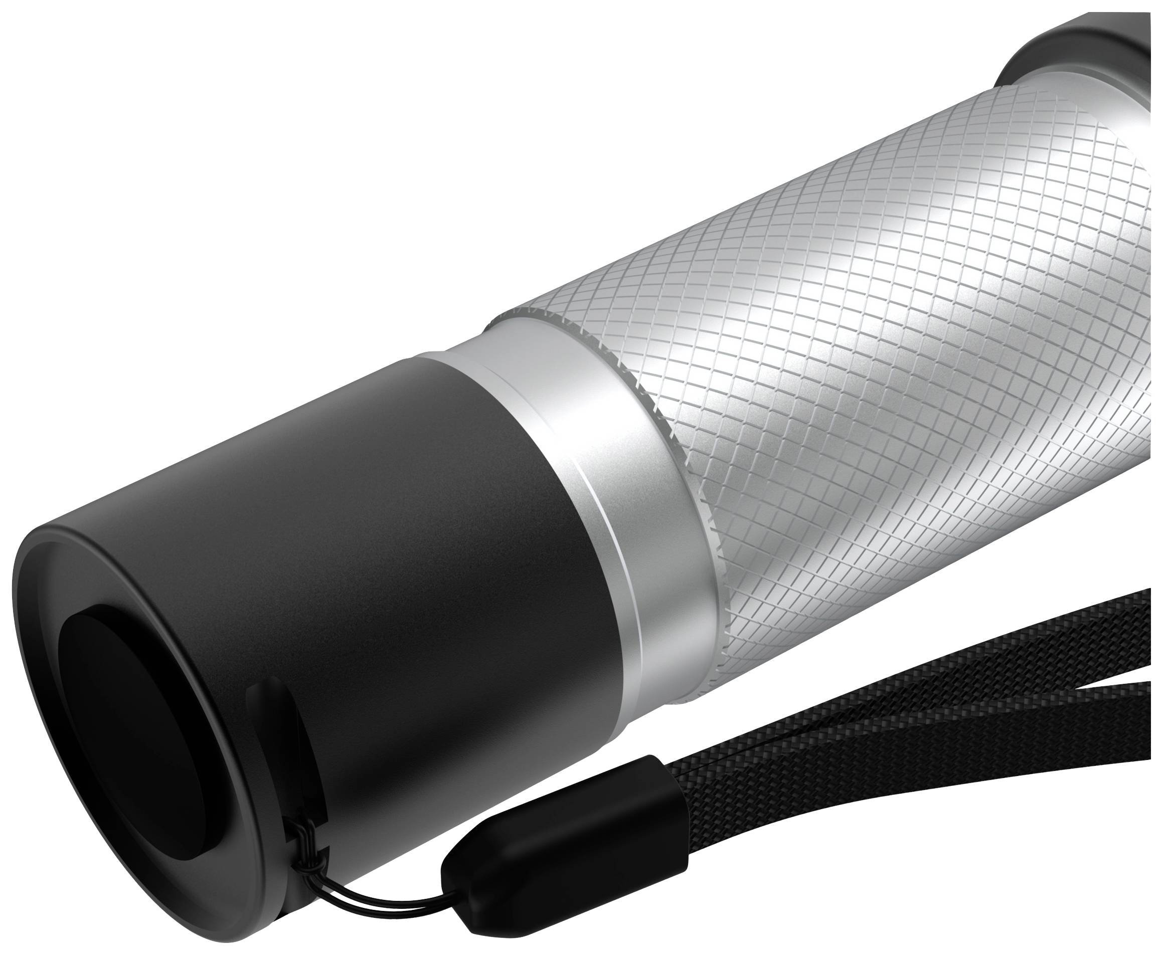 Poręczna czarna i srebrna latarka z paskiem, odpowiednia do zastosowań outdoorowych lub awaryjnych ze względu na swoja wytrzymałą konstrukcję.