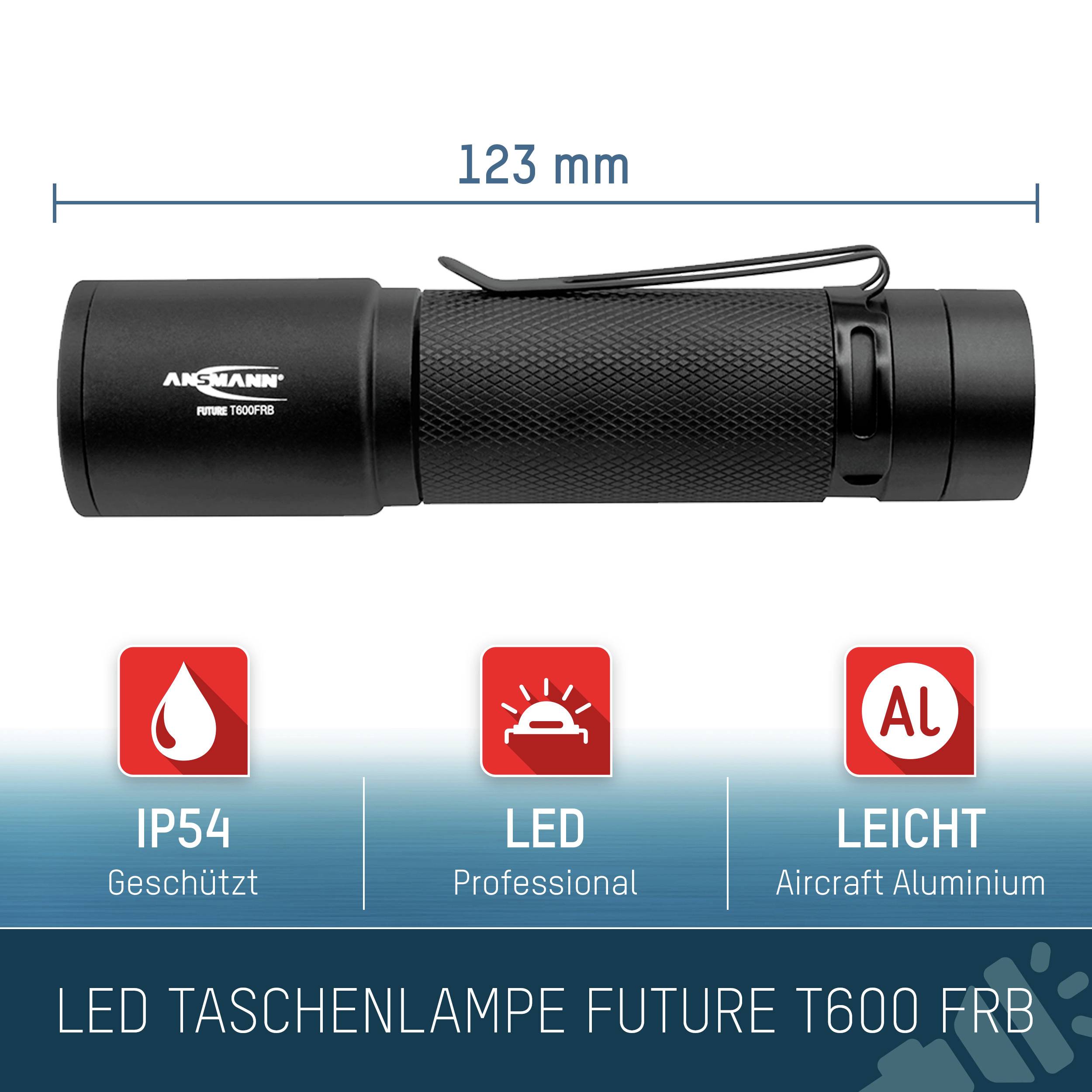 'Czarna latarka LED, długość 123 mm. Zabezpieczona w stopniu IP54, profesjonalna dioda LED, lekka aluminiowa. Model: Future T600 FRB.'