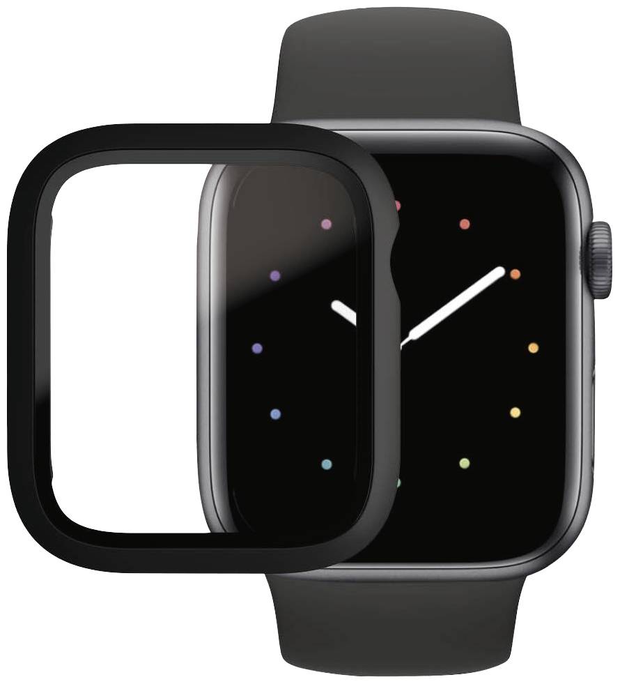 Smartwatch z czarnym paskiem i zdejmowaną obudową. Tarcza zegarka wyposażona jest w analogowe wskazówki i kolorowe oznaczenia.