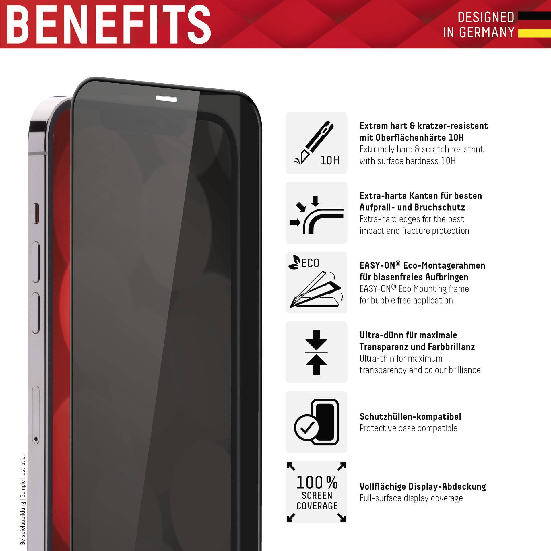 Smartfon z ochronnym etui; właściwości rynkowe podkreślają odporność na zarysowania, wytrzymałe krawędzie, montaż przyjazny środowisku oraz ochronę.