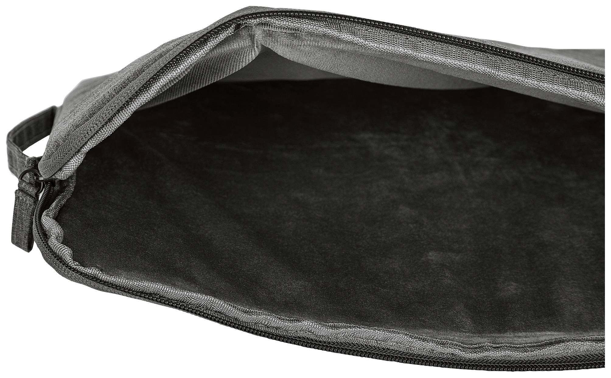 Otwarta szara torba ochronna, prawdopodobnie przeznaczona dla urządzenia elektronicznego, ukazuje wewnątrz miękką, wyściełaną powierzchnię.