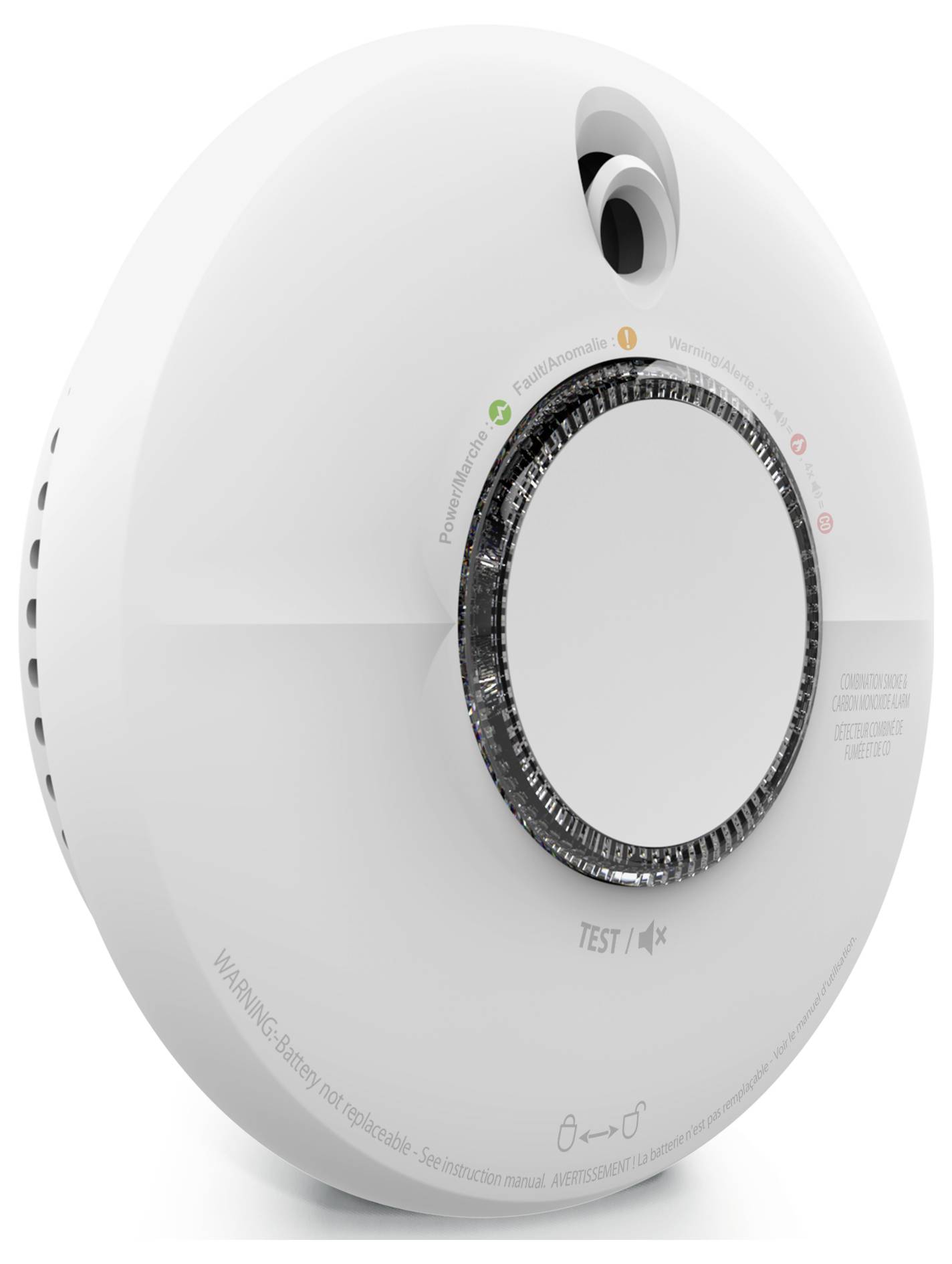 Czujnik dymu w zbliżeniu z przyciskiem testowym i kolorowymi wskaźnikami statusu: zielony dla stanu gotowości, żółty dla konieczności konserwacji, czerwony dla alarmu.