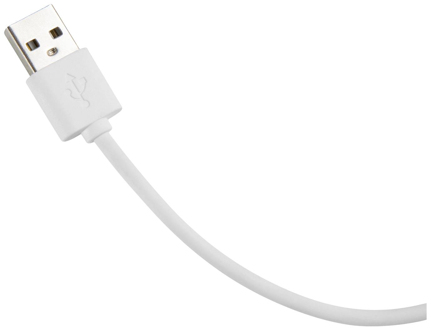 Biały kabel USB z wtyczką, na białym tle. Wtyczka skierowana jest do góry, kabel jest lekko wygięty.