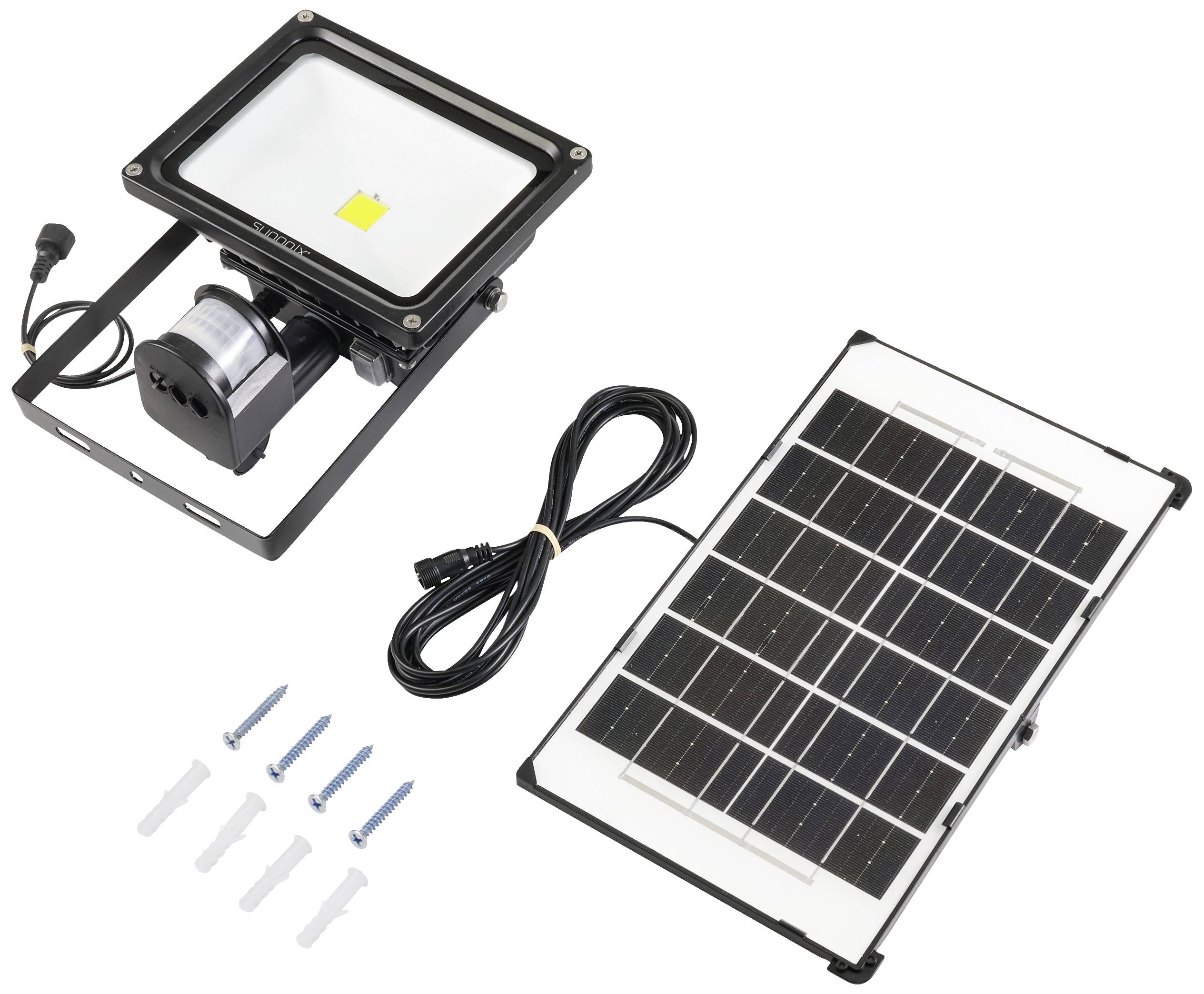 Lampa solarna z osobnym panelem słonecznym, materiałami montażowymi i przewodami. Odpowiednia do oświetlenia zewnętrznego, przyjazna środowisku i energooszczędna.