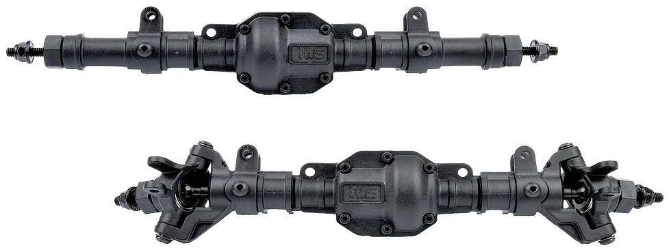 Dwie czarne, identyczne osie metalowe, z kompleksową przekładnią centralną i widocznymi przegubami na obu końcach.