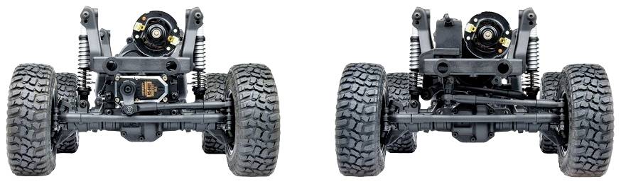 Dwie zdalnie sterowane osie ciężarówki, widziane z przodu i tyłu, prezentują złożoną konstrukcję zawieszenia i rozmieszczenie kół.