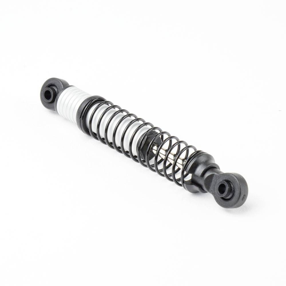 Czarny amortyzator o strukturze sprężynowej spoczywa na białej powierzchni, ukazując szczegóły mechanizmy sprężyny oraz nakładki.