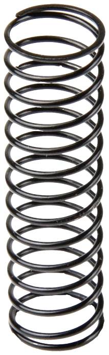 Czarna metalowa sprężyna, skręcona spiralnie, stoi pionowo. Jest długa i równomiernie ukształtowana, typowa dla mechanizmów.