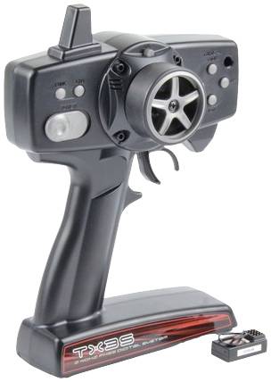 Czarna pilot zdalnego sterowania z uchwytem obrotowym i spustem, z czerwonym napisem 'TX35' na dole, obok po prawej stronie mniejszy odbiornik.