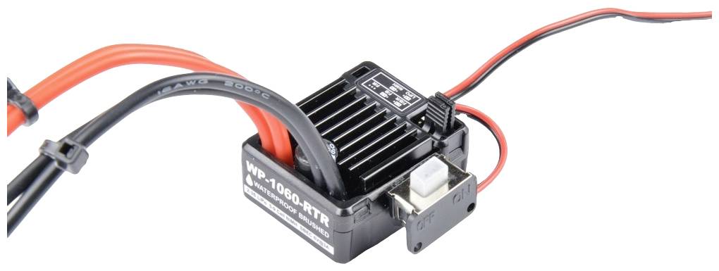 Elektroniczny regulator prędkości z żeberkami chłodzącymi i podłączonymi przewodami elektrycznymi, model 'WP-1060-WP', przeznaczony do sterowania pojazdami zdalnie sterowanymi (RC).