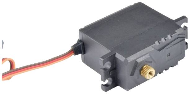 Czarny serwomotor z czerwono-czarnym przewodem po lewej stronie i złotą śrubą z przodu.