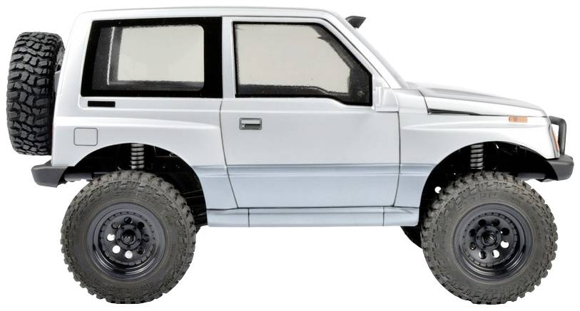Biały model samochodu terenowego z czarnymi szybami i oponami terenowymi. Widok z boku na białym tle.