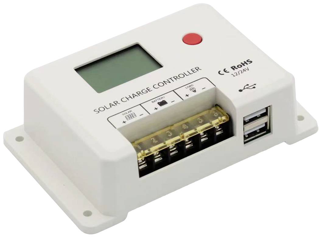 'Solarny regulator ładowania z wyświetlaczem, kontrolką, zaciskami przyłączeniowymi i dwoma portami USB, odpowiedni do systemów 12V/24V.'