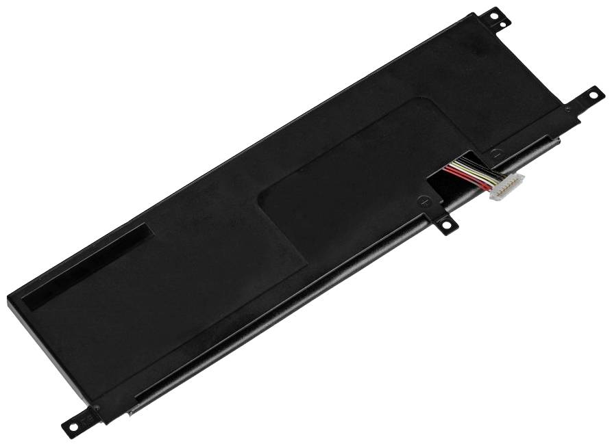 Prostokątna, czarna bateria do laptopa z wielokolorowym przewodem i złączem na jednym końcu.