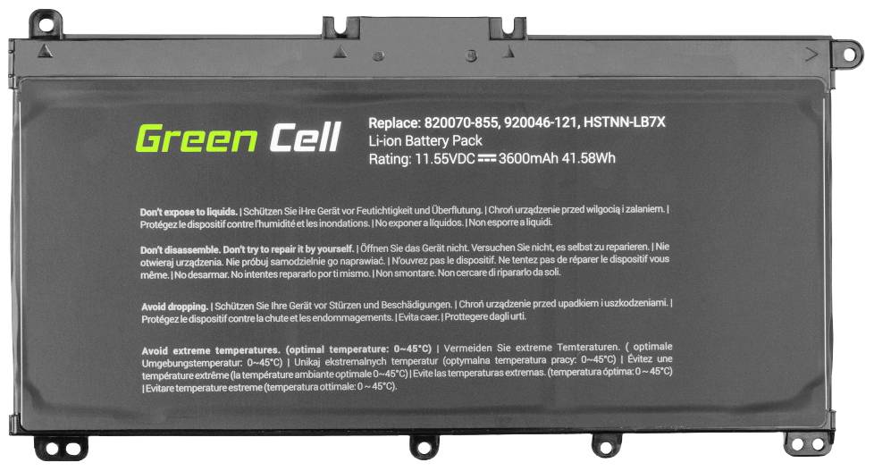 Akumulator litowo-jonowy Green Cell, Model HSTNN-LB7X, 11,55V, 3600mAh, 41,58Wh. Ostrzeżenia: nie otwierać, nie demontować, unikać skrajnych temperatur.