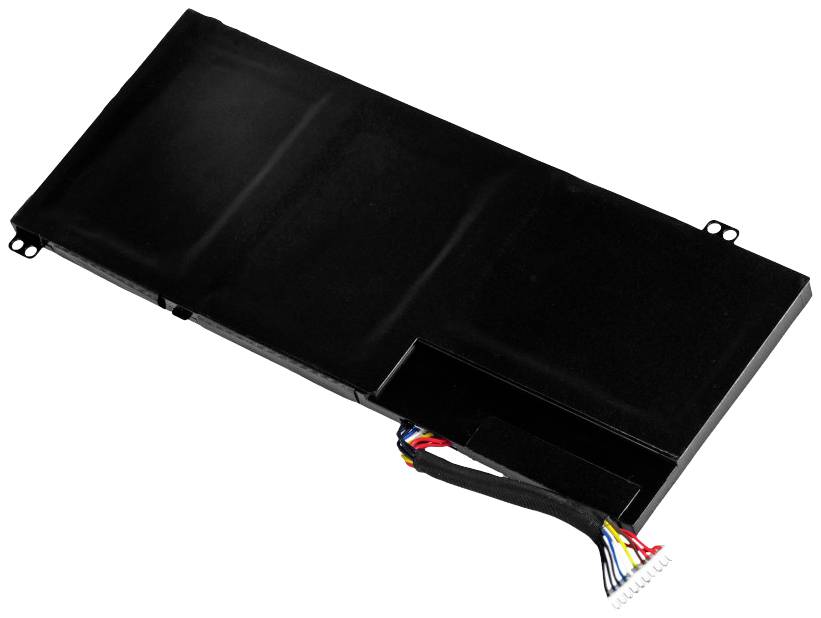 Czarny akumulator do laptopa z wieloma wystawającymi kablami na białym tle.