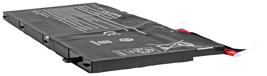 Bateria laptopa z symbolami bezpieczeństwa i recyklingu, czarna obudowa, czerwone i czarne przewody; widok z boku.