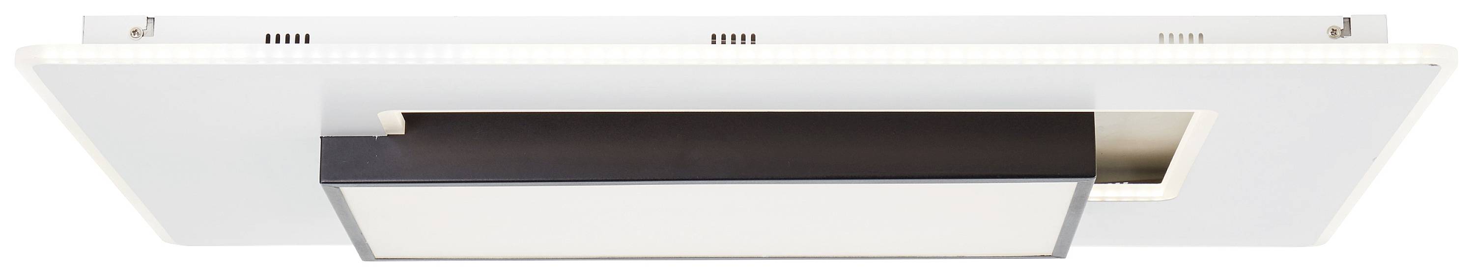 Biała, prostokątna lampa sufitowa o nowoczesnym, minimalistycznym designie. Nacisk położono na czystych liniach i płaskiej budowie.